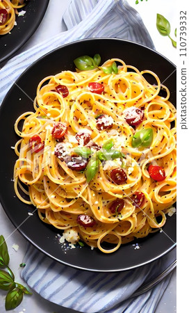 spaghetti carbonara with tomato sauce and cheese 110739332