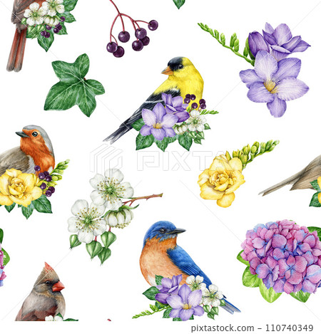 Garden birds with floral decor seamless pattern. Watercolor painted illustration. Hand drawn garden birds, flowers, berries, ivy leaves decoration seamless pattern. White background 110740349