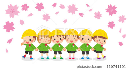 可愛的畢業生手牽手的插圖，白色背景，向量，人，櫻花，兒童，幼兒園兒童，全身 110741101