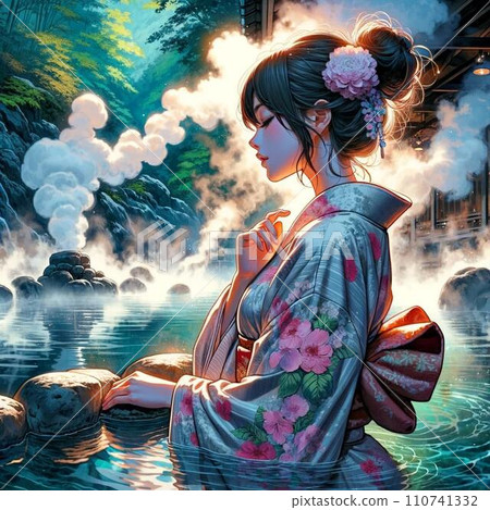 Beautiful woman soaking in a hot spring Beautiful woman soaking in a hot spring 110741332