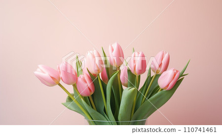 AI-generated content. Pink tulips flowers on pastel pink background. Spring and easter greeting card design layout. Flat lay, top view, copy space. 110741461