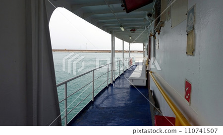 The side deck of a ferry towards the Mediterranean islands. The side deck of a ferry towards the Mediterranean islands. 110741507