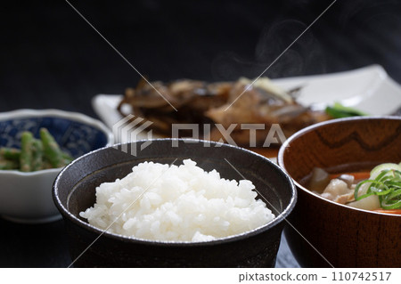 Boiled rockfish fish set meal, Japanese food, pork soup and rice Boiled rockfish fish set meal, Japanese food, pork soup and rice 110742517