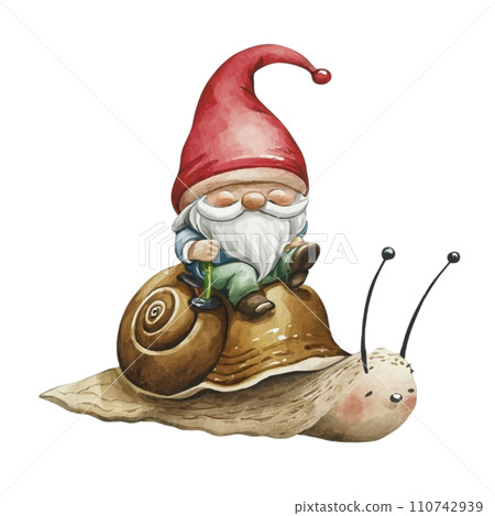 Cute Gnome sitting on the back of a snail 110742939