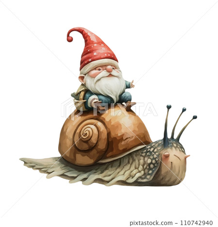 Cute Gnome sitting on the back of a snail 110742940