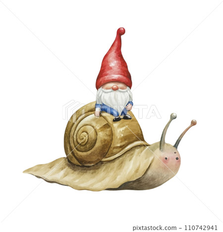 Cute Gnome sitting on the back of a snail 110742941