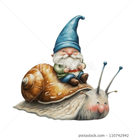 Cute Gnome sitting on the back of a snail Cute Gnome sitting on the back of a snail 110742942