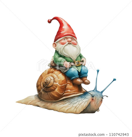 Cute Gnome sitting on the back of a snail Cute Gnome sitting on the back of a snail 110742943
