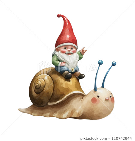 Cute Gnome sitting on the back of a snail Cute Gnome sitting on the back of a snail 110742944