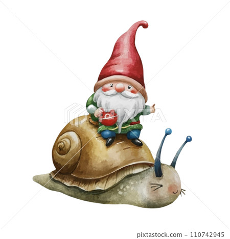 Cute Gnome sitting on the back of a snail Cute Gnome sitting on the back of a snail 110742945