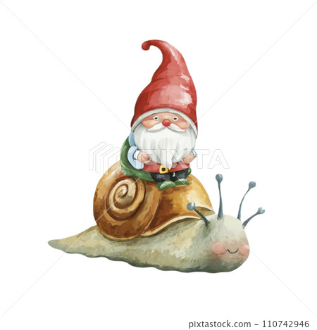 Cute Gnome sitting on the back of a snail Cute Gnome sitting on the back of a snail 110742946