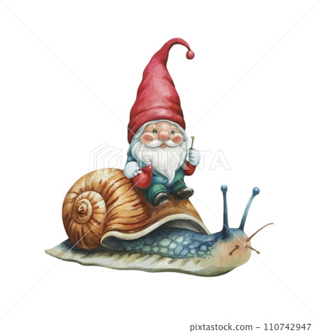 Cute Gnome sitting on the back of a snail Cute Gnome sitting on the back of a snail 110742947