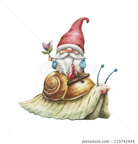 Cute Gnome sitting on the back of a snail Cute Gnome sitting on the back of a snail 110742948