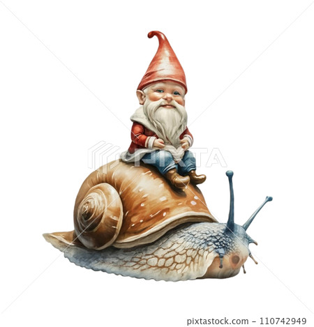 Cute Gnome sitting on the back of a snail Cute Gnome sitting on the back of a snail 110742949