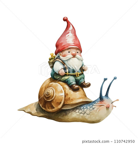 Cute Gnome sitting on the back of a snail 110742950