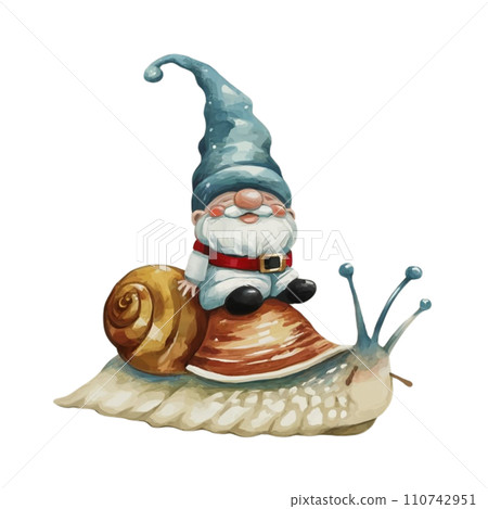 Cute Gnome sitting on the back of a snail Cute Gnome sitting on the back of a snail 110742951