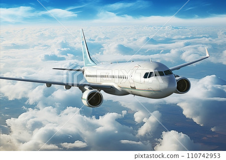 A majestic panoramic view of the sky with an airplane soaring through the clouds 110742953