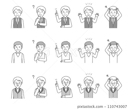 Senior man's line drawing style upper body pose set Senior man's line drawing style upper body pose set 110743007