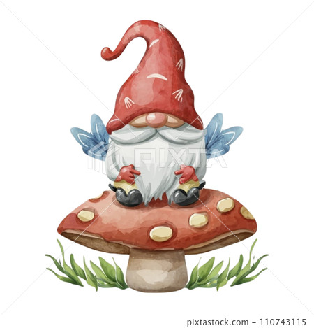 Cute Gnome sitting on the back mushroom 110743115