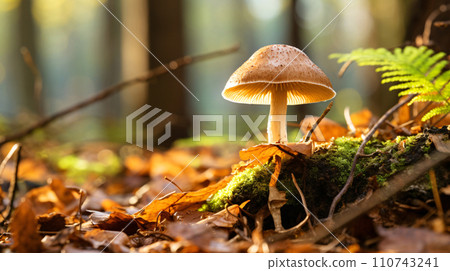 Close-up of mushrooms growing in the forest, natural background of plants, AI-generated image 110743241