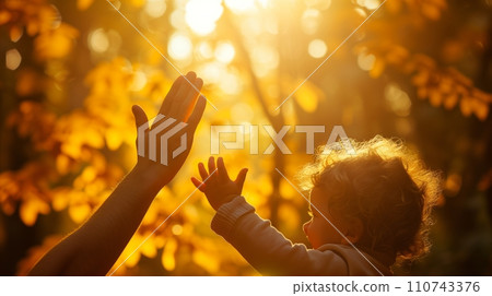 High-five with a child in the park at dusk: AI work High-five with a child in the park at dusk: AI work 110743376