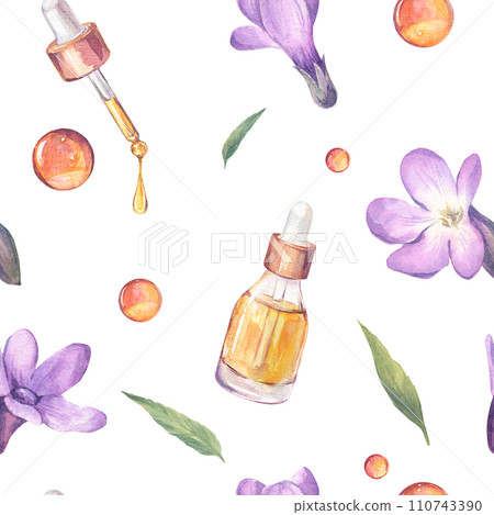 Seamless pattern of medicinal verbena, glass bottles and oil drops on a white background. Watercolor illustration of lilac flowers and verbena leaves. For printing on labels and packaging. 110743390