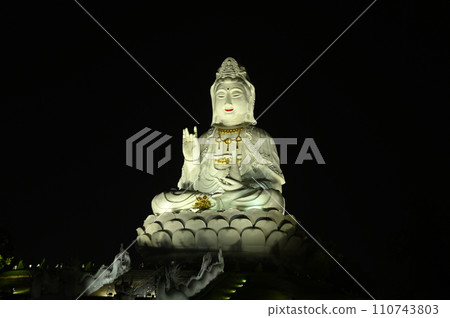 Night time of Guan Yin Bodhisattva Statue The largest Kuan Yin statueAT Wat Huay Pla Kang temple in Chiang Rai Province in Thailand. Night time of Guan Yin Bodhisattva Statue The largest Kuan Yin statueAT Wat Huay Pla Kang temple in Chiang Rai Province in Thailand. 110743803