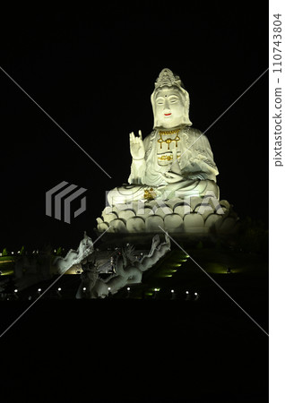 Night time of Guan Yin Bodhisattva Statue The largest Kuan Yin statueAT Wat Huay Pla Kang temple in Chiang Rai Province in Thailand.  110743804