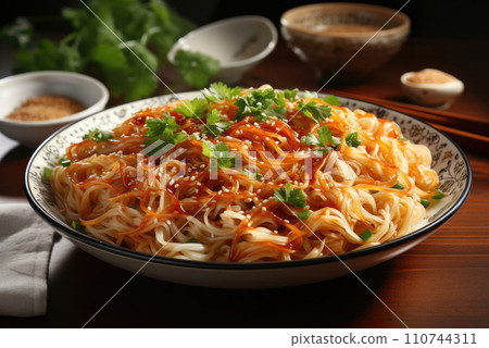 Spicy asian noodles with vegetables 110744311