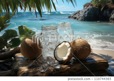 Ice water in a glass and coconuts on the background of the beach Ice water in a glass and coconuts on the background of the beach 110744365