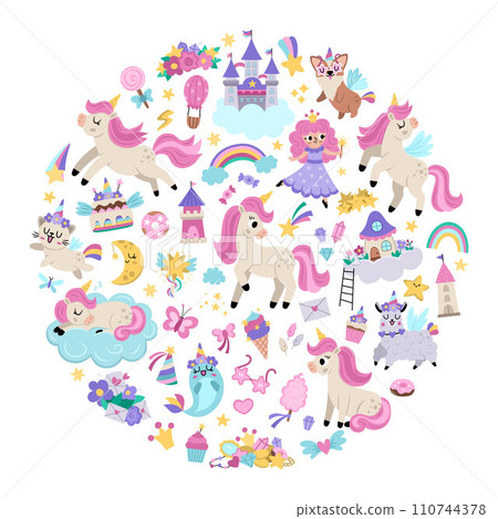 Vector round frame for unicorn party. Fairytale card template design for banners, invitations, postcards, social media. Cute magic fantasy world illustration with animals, fairy, rainbow, stars, 110744378