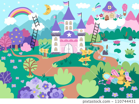 Vector unicorn themed landscape illustration. Fairytale scene with castle, rainbow, forest, pond, treasures, mountains, garden. Magic nature background. Fantasy world picture for kids 110744431