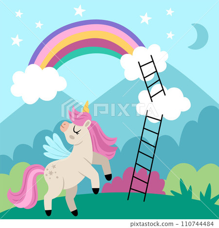Vector square background with unicorn on green field with ladders on clouds to rainbow. Magic or fantasy world scene. Fairytale landscape for card, post, book. Cute horse illustration for kids 110744484