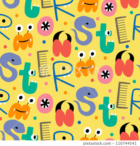 Vector seamless pattern with the word monster made from different letters Vector seamless pattern with the word monster made from different letters 110744541