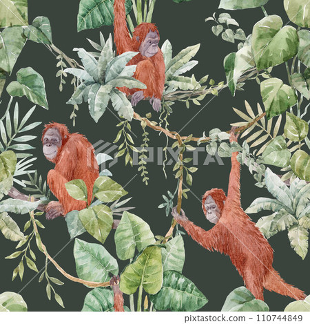 Beautiful seamless tropical pattern with hand drawn red haired orangutans in jungle plants and palm tree leaves. Stock design for wrapping, wallpapers and textile. 110744849