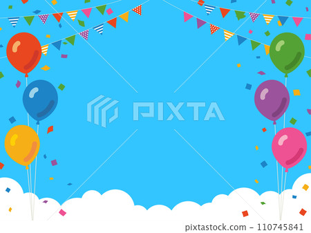 Frame material of balloons, garland, and confetti against the background of clouds and blue sky 110745841