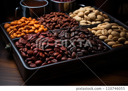 Photo of various roasted coffee beans of various degrees of roasting on a wooden surface, choose the perfect roasting of coffee beans, generative AI 110746055
