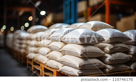 White bag rice or grits storage barn, Close-up of a warehouse with bulk rice or sugar bags in a distribution center, bulk rice procurement, production and transportation of rice, AI White bag rice or grits storage barn, Close-up of a warehouse with bulk rice or sugar bags in a distribution center, bulk rice procurement, production and transportation of rice, AI 110746170