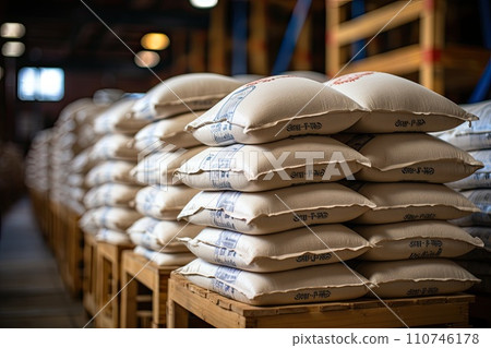 White bag rice or grits storage barn, Close-up of a warehouse with bulk rice or sugar bags in a distribution center, bulk rice procurement, production and transportation of rice, AI White bag rice or grits storage barn, Close-up of a warehouse with bulk rice or sugar bags in a distribution center, bulk rice procurement, production and transportation of rice, AI 110746178