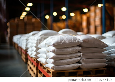 White bag rice or grits storage barn, Close-up of a warehouse with bulk rice or sugar bags in a distribution center, bulk rice procurement, production and transportation of rice, AI 110746192
