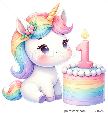 Rainbow unicorn cake with numbered candle for birthday party 110746260