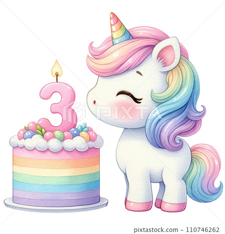 Rainbow unicorn cake with numbered candle for birthday party Rainbow unicorn cake with numbered candle for birthday party 110746262
