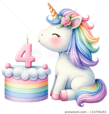 Rainbow unicorn cake with numbered candle for birthday party Rainbow unicorn cake with numbered candle for birthday party 110746263