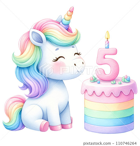 Rainbow unicorn cake with numbered candle for birthday party Rainbow unicorn cake with numbered candle for birthday party 110746264