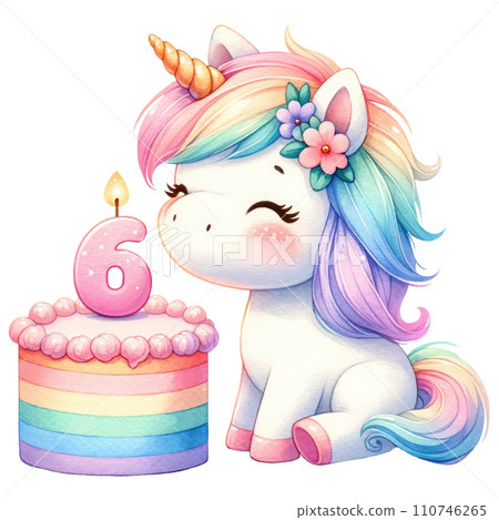 Rainbow unicorn cake with numbered candle for birthday party Rainbow unicorn cake with numbered candle for birthday party 110746265