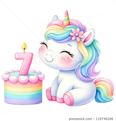Rainbow unicorn cake with numbered candle for birthday party Rainbow unicorn cake with numbered candle for birthday party 110746266