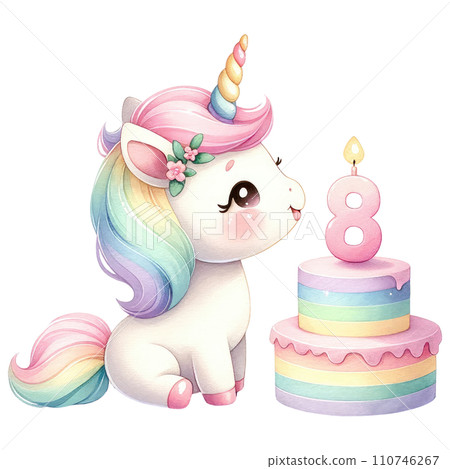 Rainbow unicorn cake with numbered candle for birthday party Rainbow unicorn cake with numbered candle for birthday party 110746267