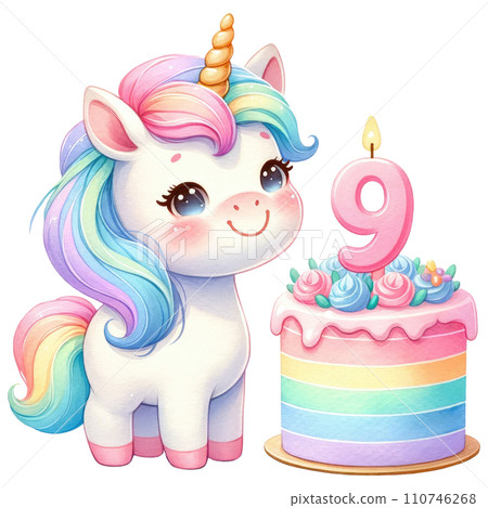 Rainbow unicorn cake with numbered candle for birthday party 110746268