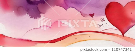 Valentines day watercolor abstract pink, red hearts pastel background banner. Perfect for Valentines Day card, romantic themed design, voucher, greeting card, wrapping paper. Concept love. Copy space. 110747341