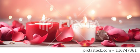 St. Valentines day, wedding banner with abstract illustrated red, pink rose petals, candles on pink background. Use for cute love sale banner, print, greeting card. Concept love, copy space. St. Valentines day, wedding banner with abstract illustrated red, pink rose petals, candles on pink background. Use for cute love sale banner, print, greeting card. Concept love, copy space. 110747361